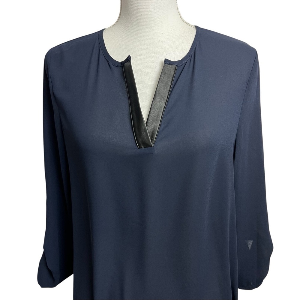 Stitch Fix 41 Hawthorn Woodling Faux Leather Detail Blouse Sz Small Semi Sheer - Picture 2 of 14